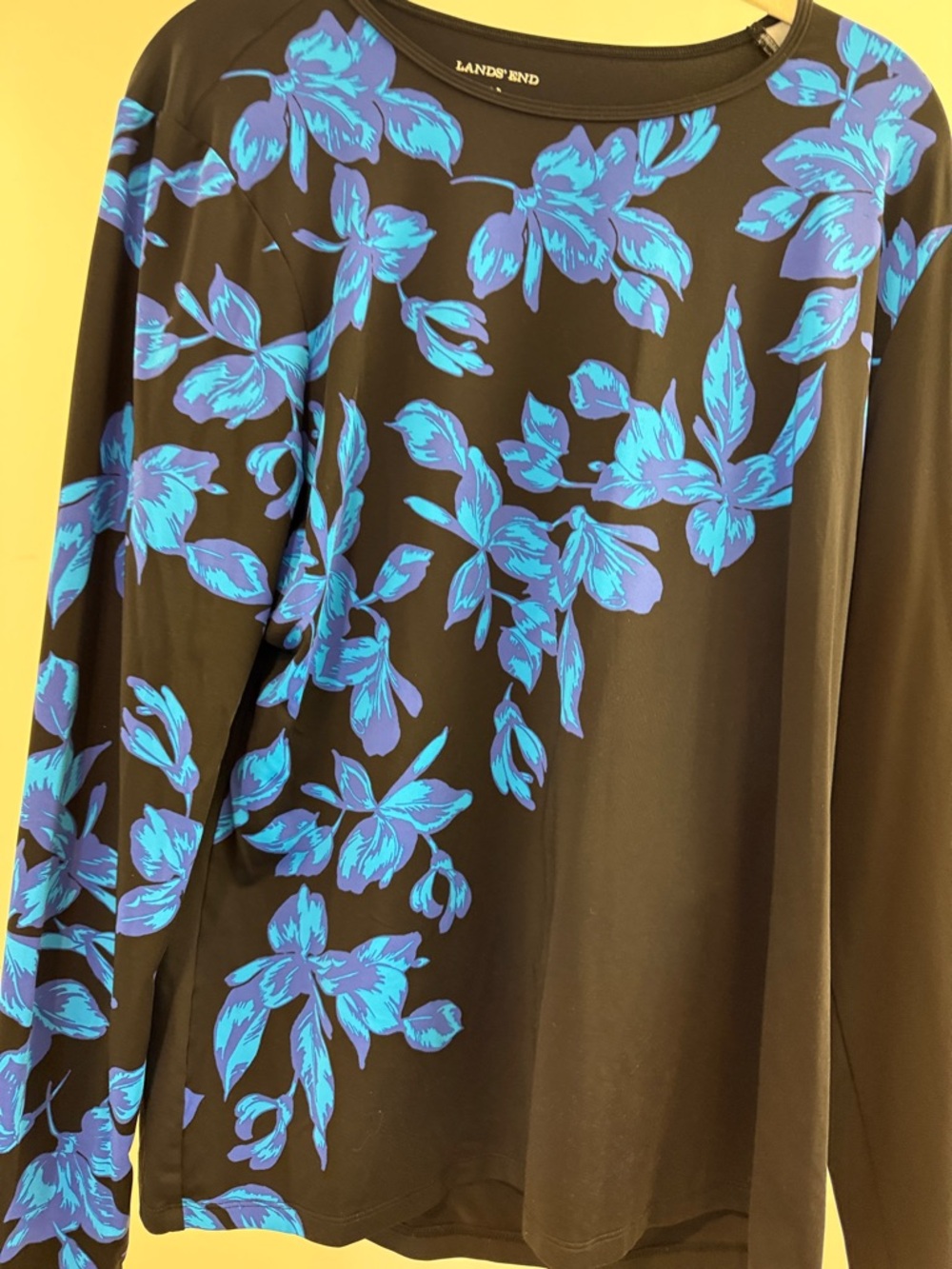 Lands' End Black Top with Bright Blue Floral Design